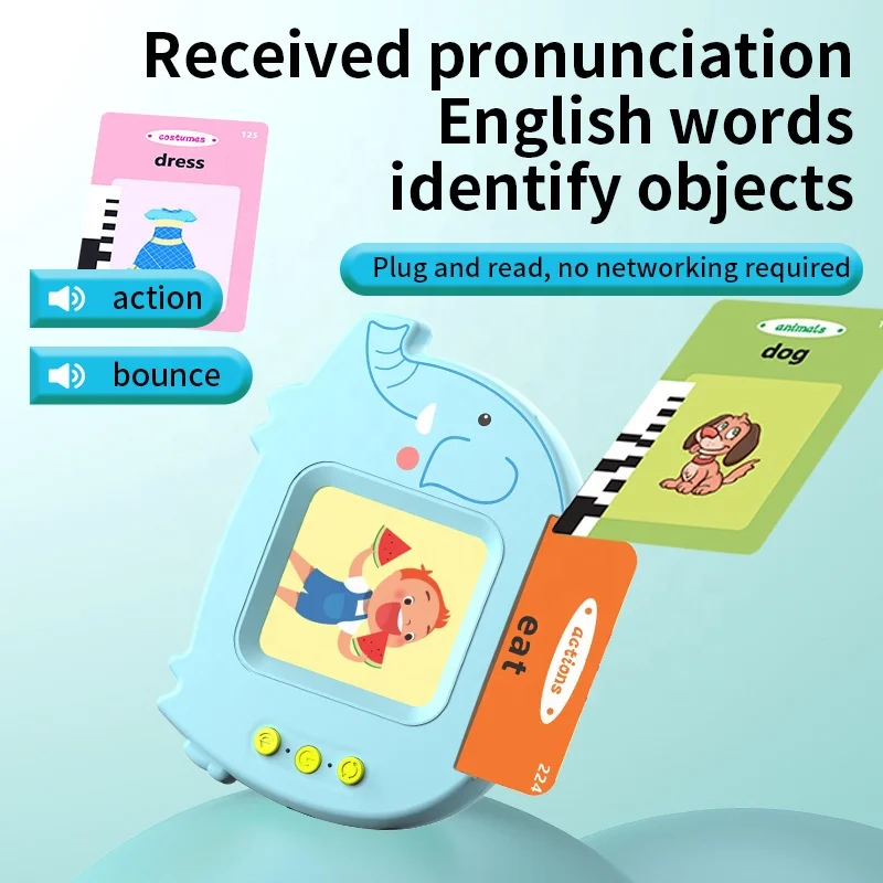 Multi-language customized elephant electronic cards reader toy kids talking flash cards early education card insertion machine