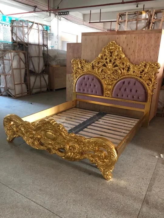 
home furniture Italian classical gold foil flowers carved royal luxury bedroom set 