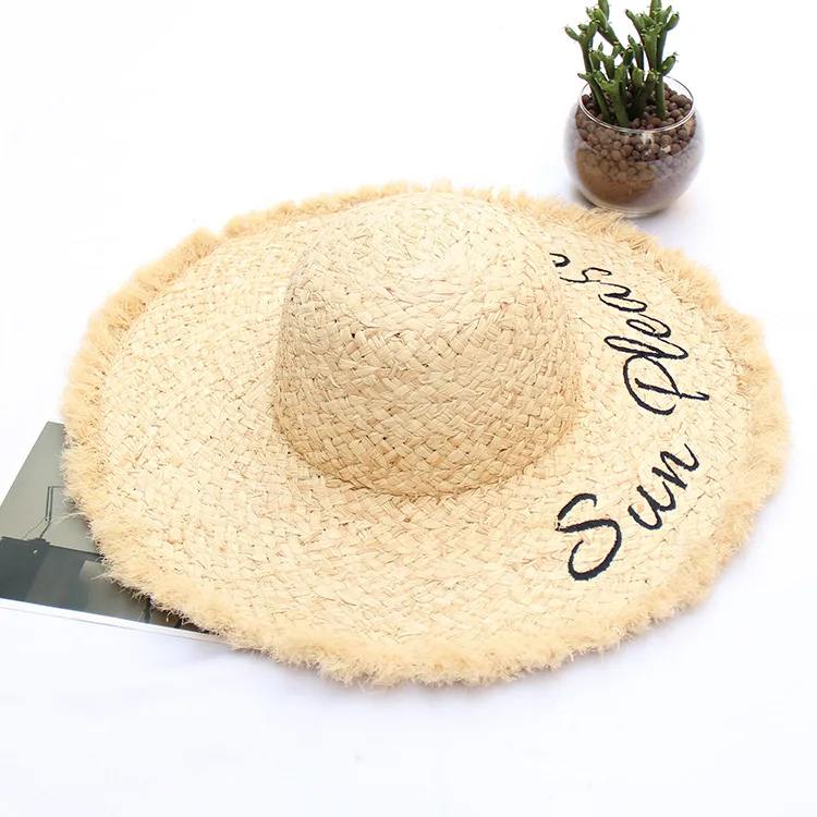 high quality raffia straw custom embroidered summer hats frayed edge ladies women beach hat