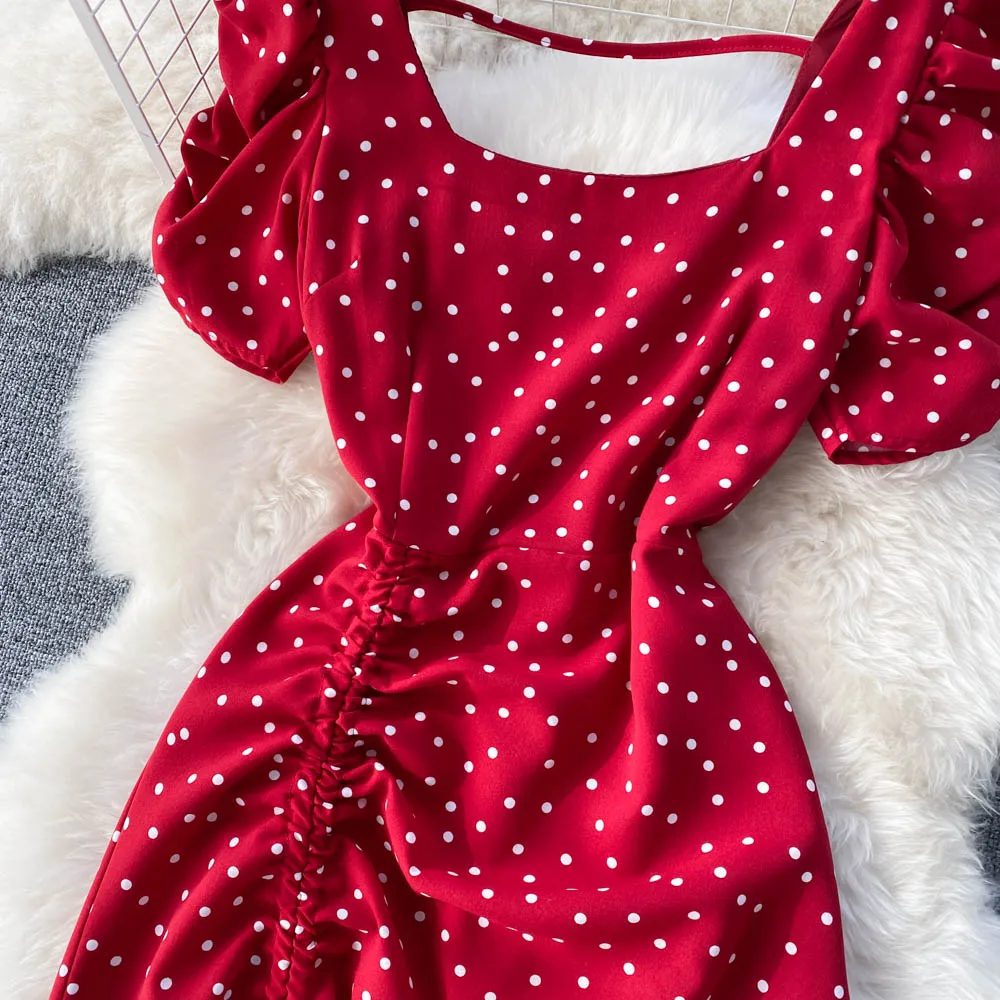 Custom square collar wave dot dress short sleeve 2023 new summer French closed waist large hemline maxi skirt