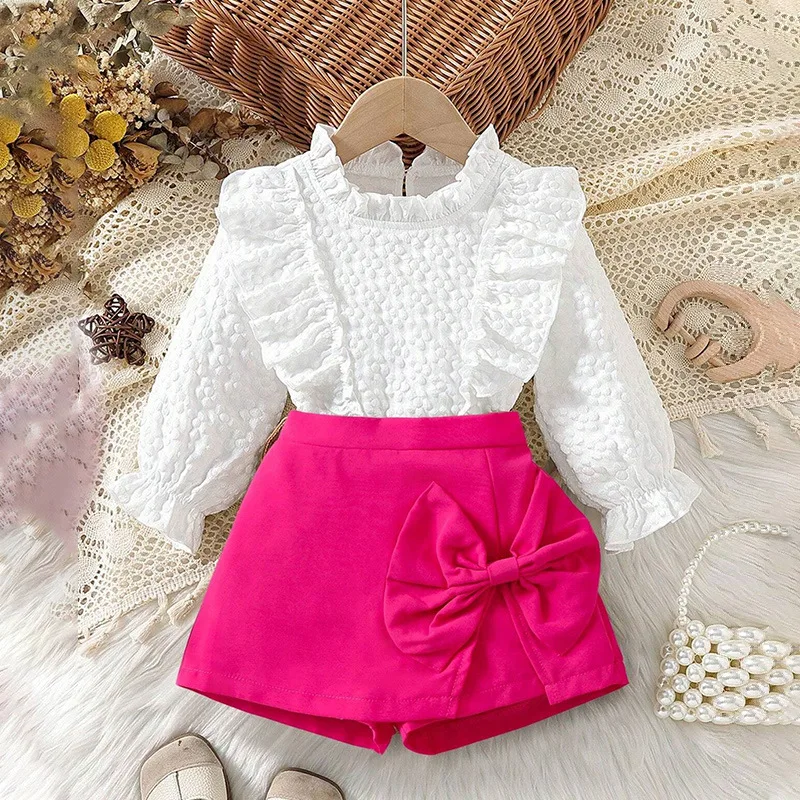 New Sweet Design Spring Autumn Kids 2pcs Outfits Ruffles Top and Skirt Shorts Boutique Girls Clothes Sets