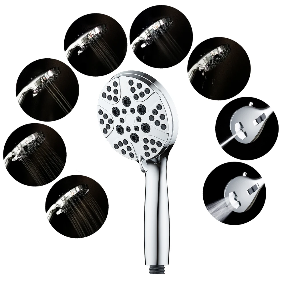 New Design ABS High Chrome Finishing  Ducha HandHeld Shower 8 Settings High Pressure Shower Head Set