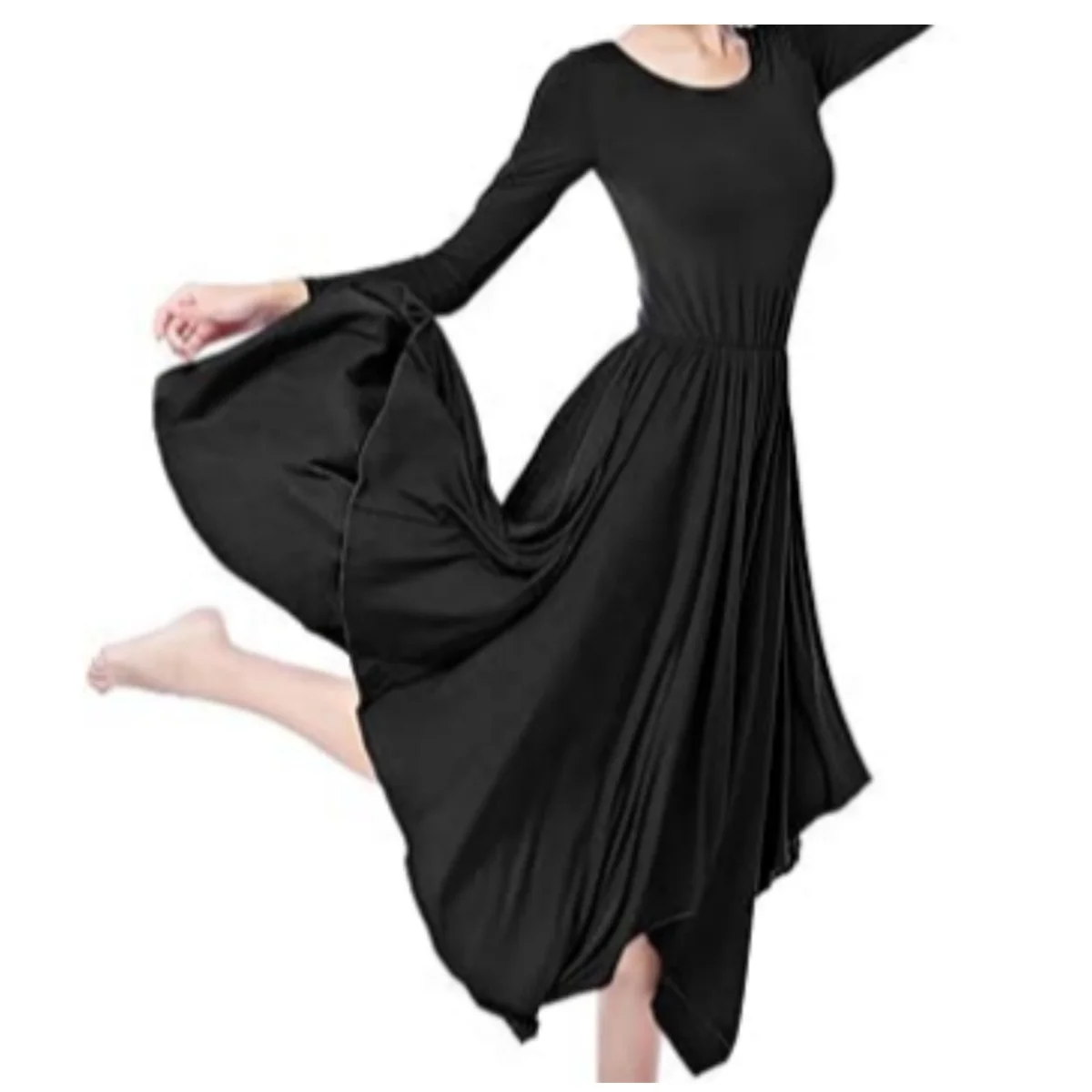 Women Long Sleeve Praise Dance Dress Irregular Pleated Swing Skirt Latin Ballroom Dance Dress Lyrical Dancewear