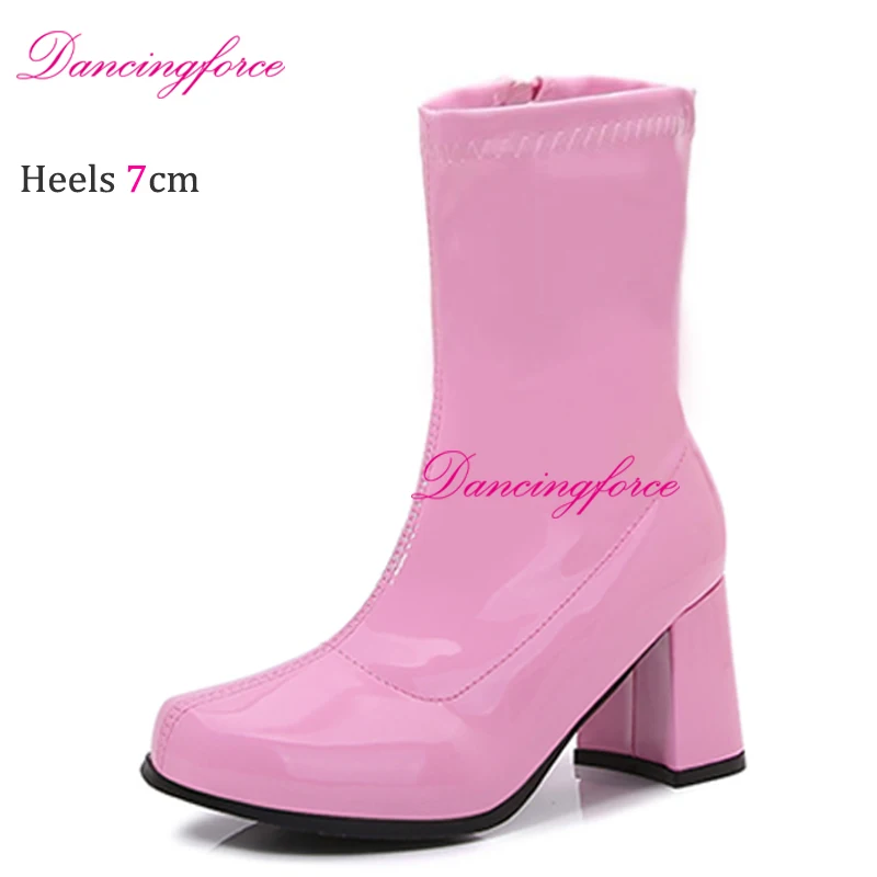 Blue Vintage Go Go Ankle Boots For Women Square Heels Round Toe Ladies Boots Hoof Heels Booties Woman Fetish 60S 70S Gogo Boots