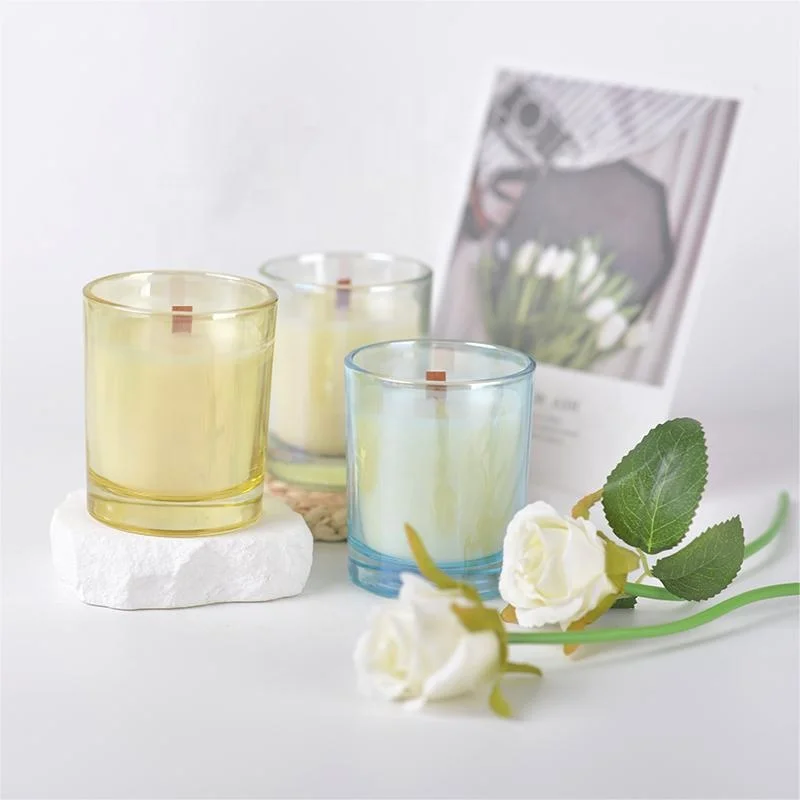 2024 New Design Wood Wick Luxury Clear Iridescent Electroplate Glass Scented Candle