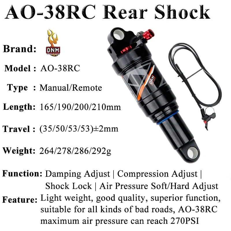 OEM/ODM DNM Bicycle Air Shock Absorber AO38RC 165/190/200/210mm Mountain Bike Manual/Remote Lockout Bike Rear Shock Absorber
