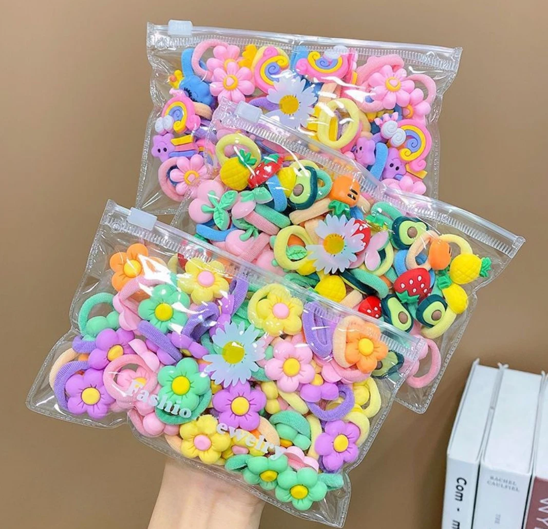 Wholesale 20Pcs/Bag Children Candy Color Elastic Rubber Bands Girls Colorful Small Fruit Towel Hair Ties Kids Flower Hair Rope