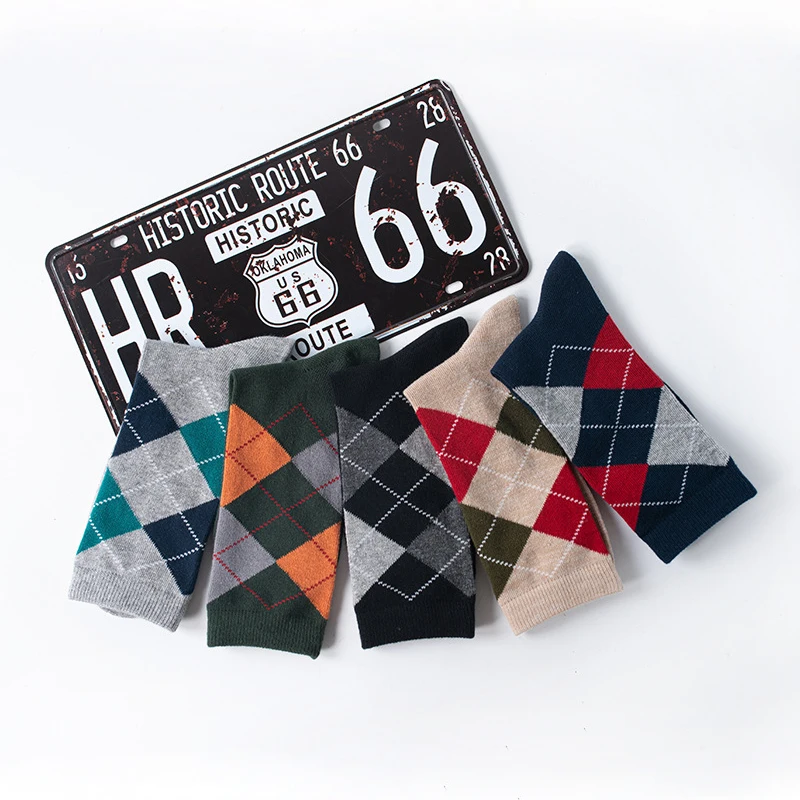 High Quality Business Cotton Socks Men Plaid Diamond Pattern Argyle Geometric Dress Business Sock For Men