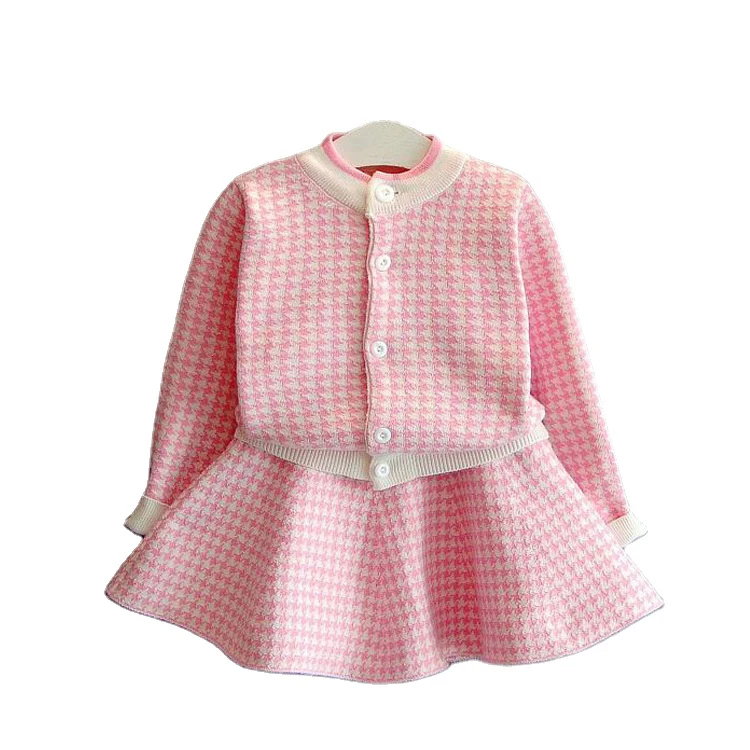 Autumn Plaid Knitted Houndstooth Kids Cardigan Girls Clothes Skirt 2 Pieces Children Suit Clothing Sets