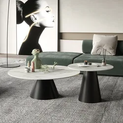 Simple Luxury Black Gold Metal Glass Marble Stone  Wood Round End Table Side Nest Set of 2 Nesting Coffee Table