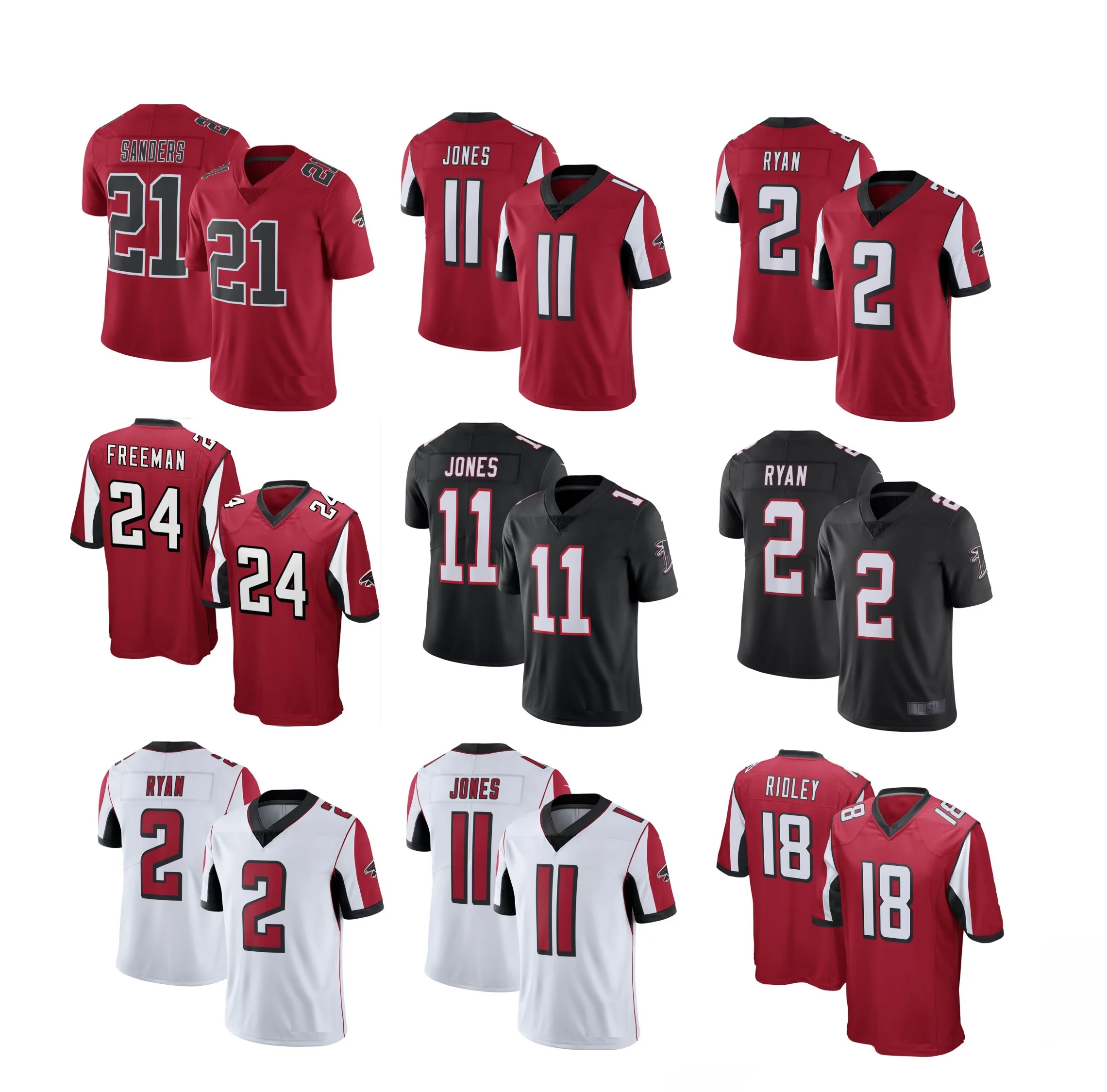
2 Matt Ryan 18 Calvin Ridley 24 Devonta Freeman 21 Deion Sanders 44 Vic Beasley Jr. 11 Julio Jones USA American Football Jerseys 