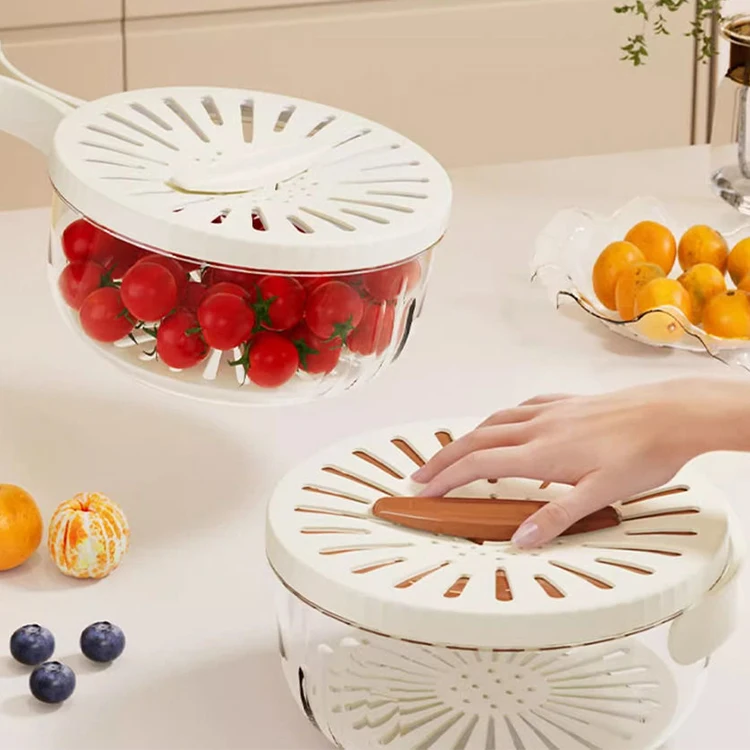 Drain Basket Keeper Container Foldable Handle Dehydration Storage Box Fruit Colander with Lid