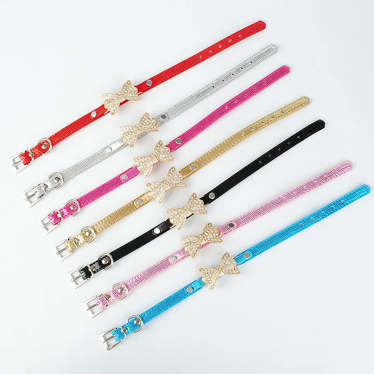 Wholesale Fashion Adjustable Dog Collar Pu Leather Pet Collar Rhinestone Bowknot Kitten Puppy Collars