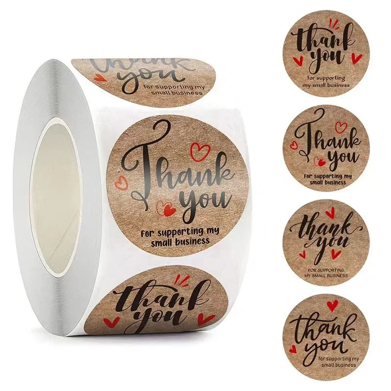 Custom Black Thank you Sticker Roll Kraft Paper Vinyl Labels Seals Round Wedding Decoration Envelope Gift Stationery Sticker