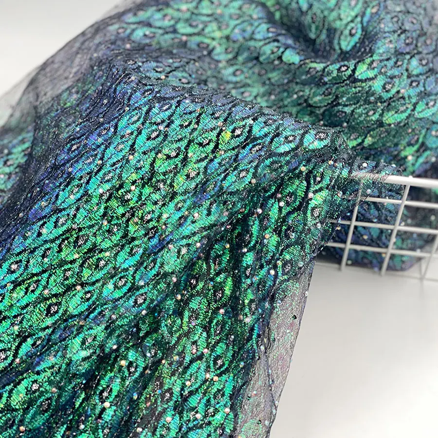 2022 new design shiny multicolor peacock feather pattern rhinestone process jacquard lurex mesh with stone