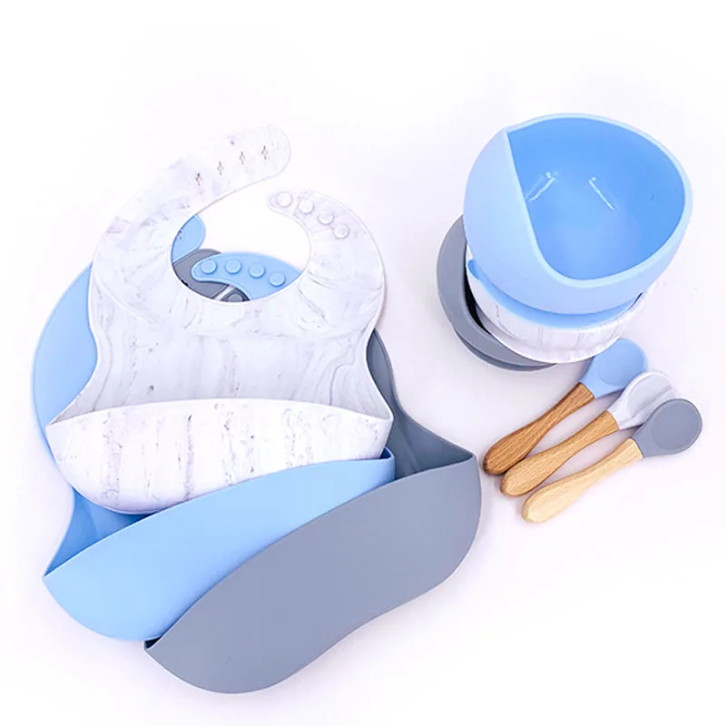 
wholesale Customized Private lable Logo 3pack drool Recylable Waterproof silicone baby bib bowl spoon set 