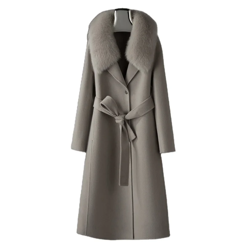 Customized Fox Fur Collar Cashmere Overcoat Women Long Wool Trench Coat