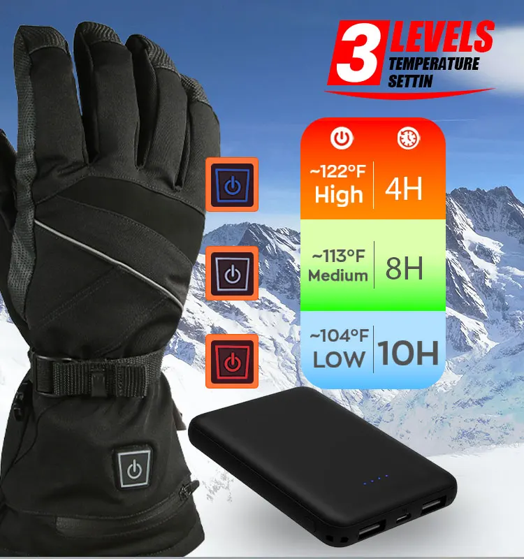 Custom Women Battery Heated Gloves Waterproof Windproof Adults Winter Snowboard Snow Heated Ski Gloves