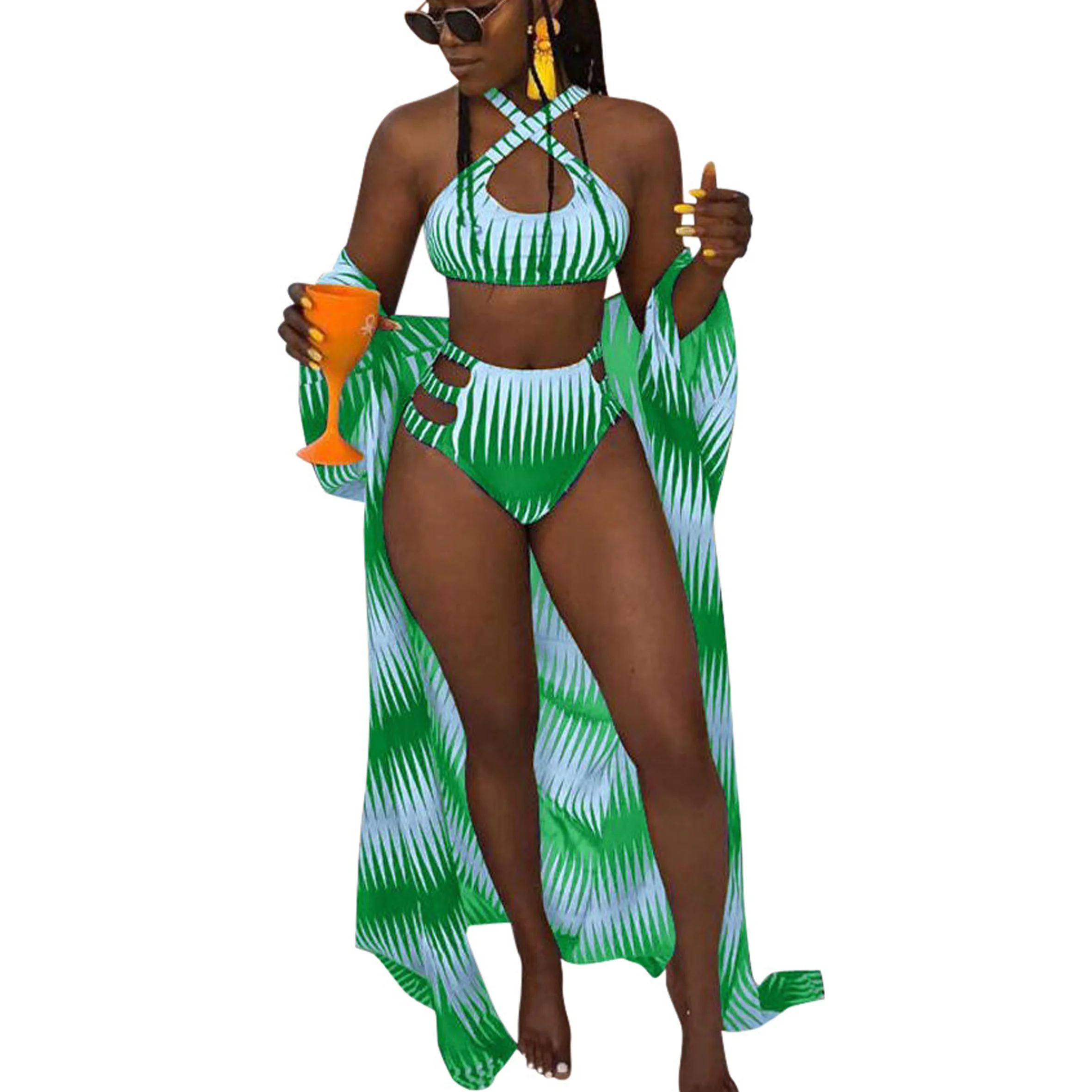 Low Minimum Order  African Print  3 Piece Swimwear Bikini Cover Up