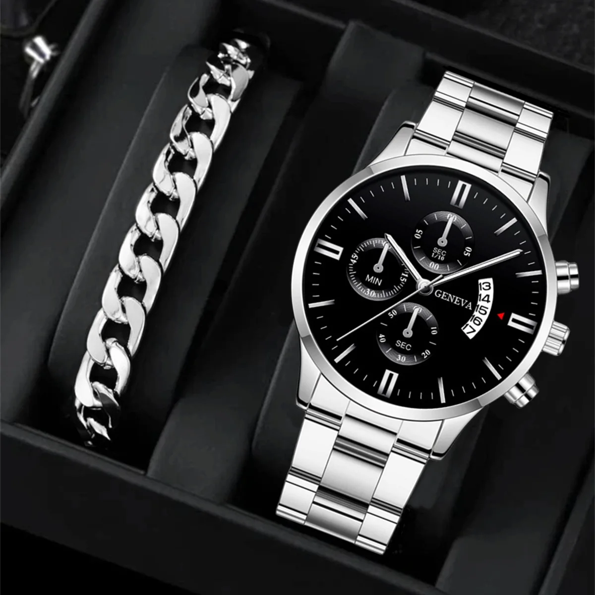 Wholesale Alloy fashion Stainless steel Quartz watch bracelet set Classic boy Black geneva Watches for men