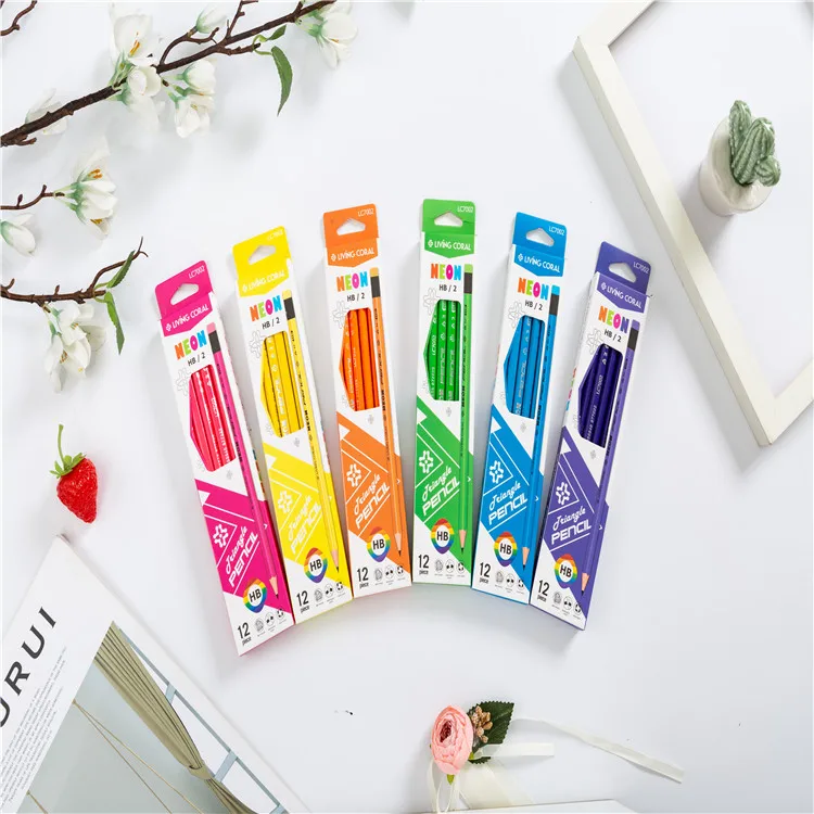 Заводские самостоятельно продающиеся флуоресцентные треугольные карандаши HB деревянные с ластиками студенческое письмо на