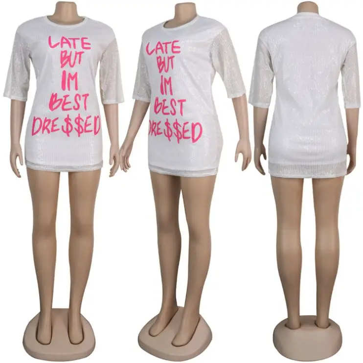 
new style women long sleeve round neck print letter sexy mini clubwear sequin dress Sequin Lady Sexy Dress 