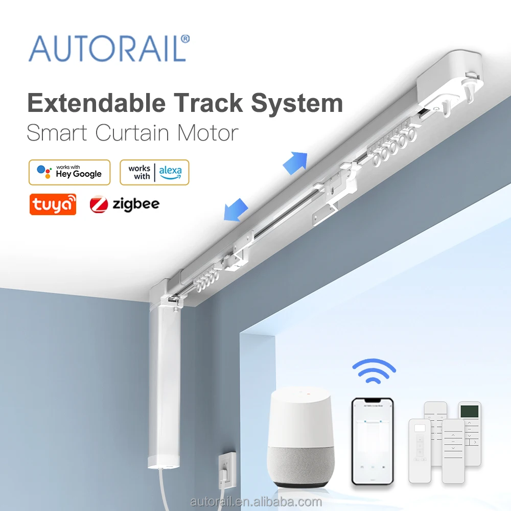 Heavy Duty Ceiling Smart System Motorized Curtain Motor And Track Aluminum Electric Extendable Curtain Rail Track