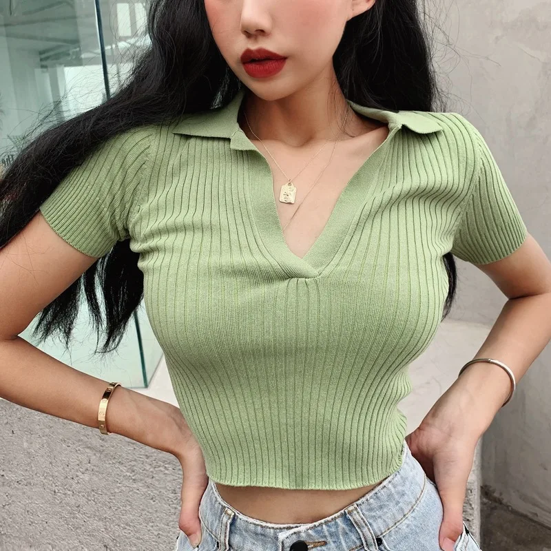 collared cropped tee skinny ribbed v neck button women crop top shirt blouse with collar For girls