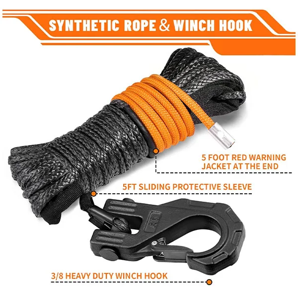 Factory Supply 12 Strands UHMWPE Winch Line Offroad 4WD Synthetic Winch Rope with Forged Winch Hook Black