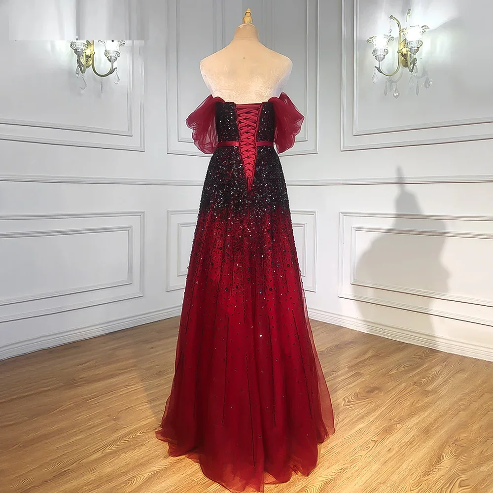Gradual Change Wine Red Black 2024 Beaded Bling A-Line Luxury for Party Gowns Off Shoulder Tulle Evening Dresses
