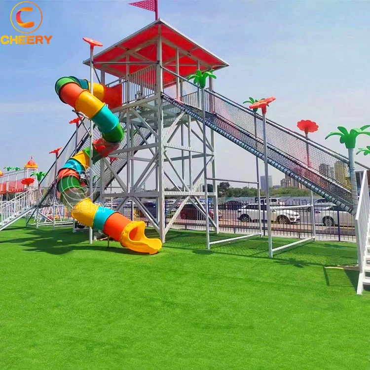 Fun amusement park product kids combo slide children rope net playground with spiral slide glass platform