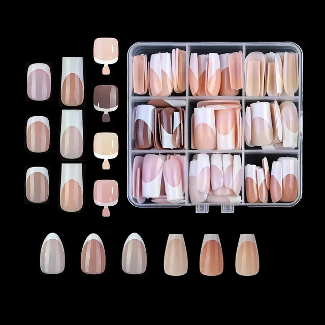 New 135 Pcs/Box 9 Color Mixed Color French Tips Square Almond Full Cover Press On Nails For Nail Art Or Toes