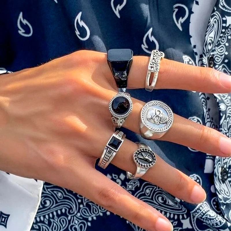 Unisex 6pcs Skull Ring Set Men Revenge Hip Hop Silver Rings Y2k Fashion Jewelry Anillos Mujer Bague Homme