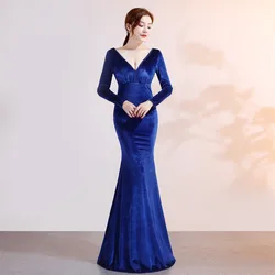 2020 Arrivals 4colors women elegant v neck long sleeves slim velvet mermaid evening dress