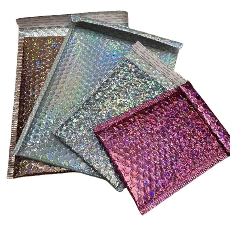 Custom Biodegradable Eco-friendly Metallic Padded Bubble Mailer White Pink Holographic Poly Shipping Bag Printed Recyclable 7mm