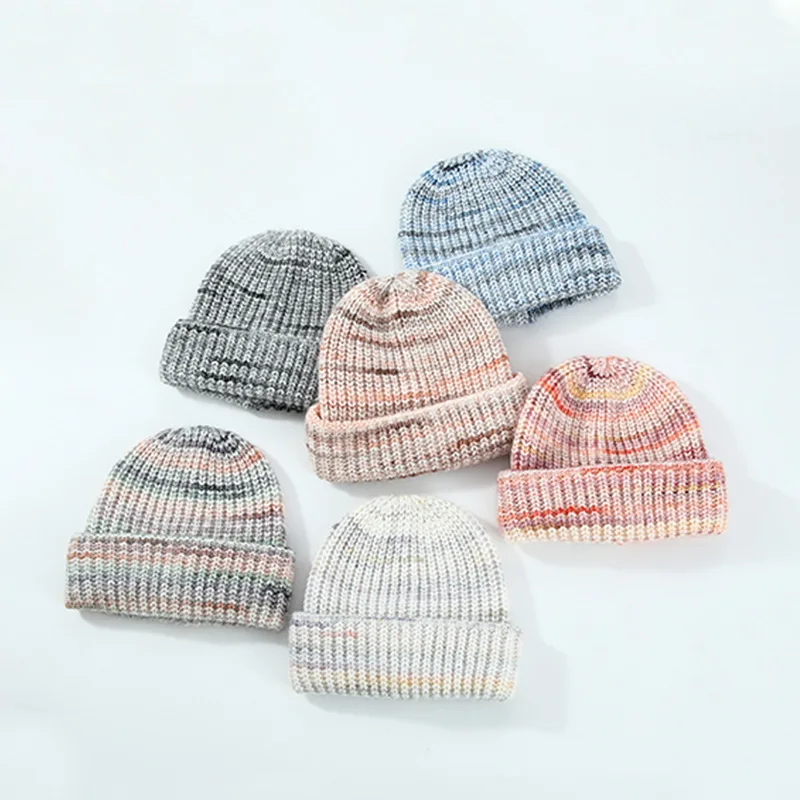 Unisex Cool Rainbow Knitted Hats Female Acrylic Stretch Knit Cap Warm Windproof Gradient Color Cute Winter Beanie