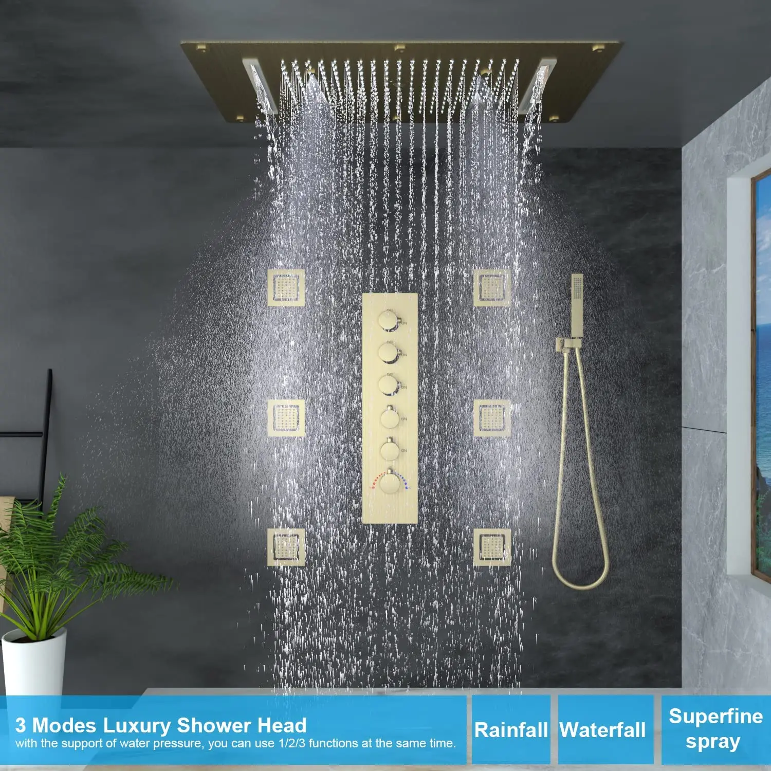 Thermostatic Full Body Shower System with High-Pressure Handheld Sprayer Brushed Gold Adjustable Large Body Jet