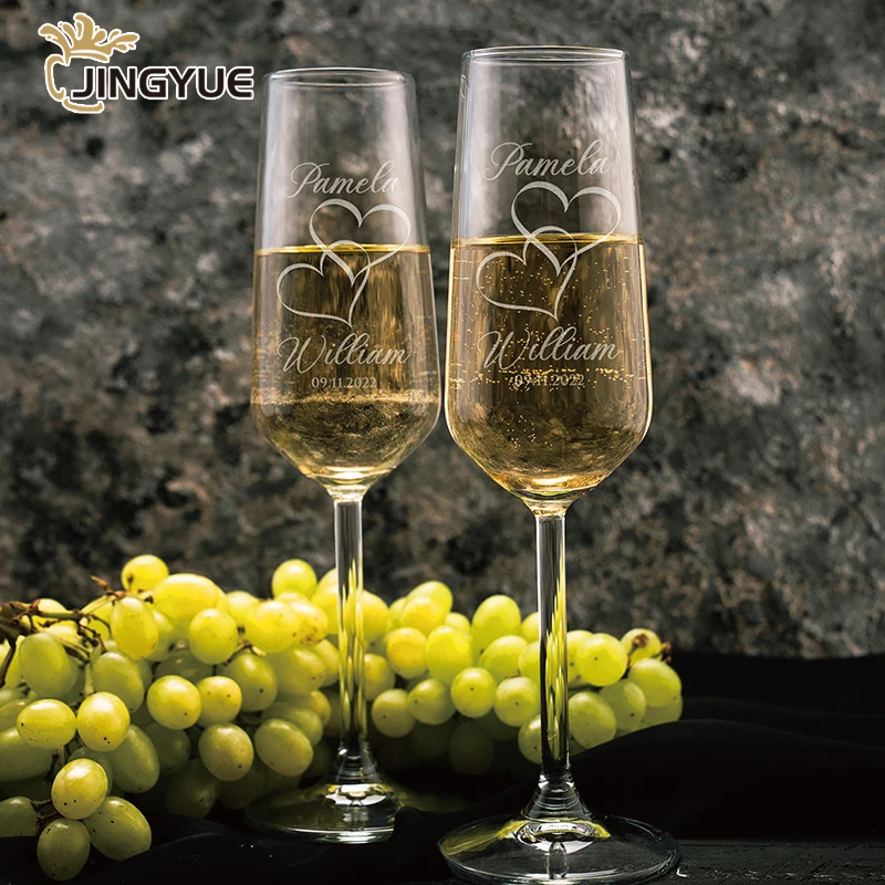 Customized Logo Engraved 7oz Personalized Toasting Champagne Flute Glasses Set with Gift Box for Wedding Bridal Party Engagement