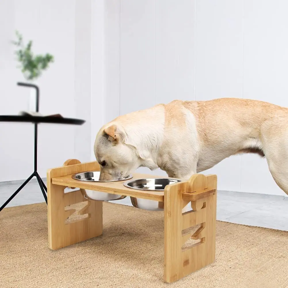 Wholesale Elevated Raised Pet Dog Feeder Bowl Wood Food Water Stand and Stainless Steel Bowl Cat Dog Food Water Bowl