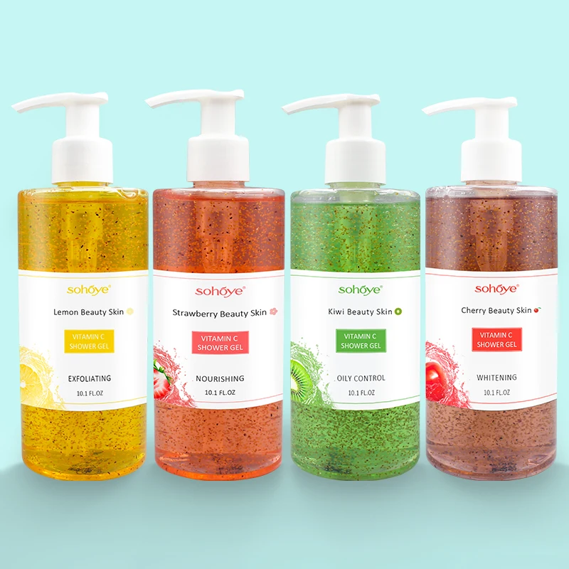 Factory price smooth birghten skin exfoliating scrub spa bath fruit whitening cowry pretty shower gel