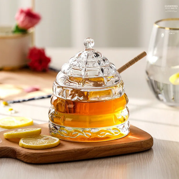 330ml Unique Design Creative Household Clear Glass Honey Jar With Wooden Dipper