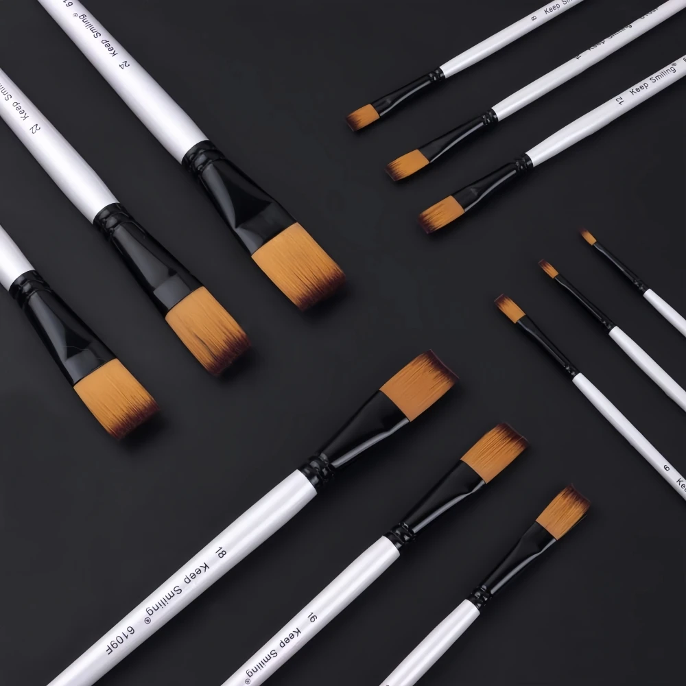 Keep Smiling 12 Pcs Pearl White Barrel Nylon Oil Flat Hair Shape With Wood Handle Artist Painting Brush