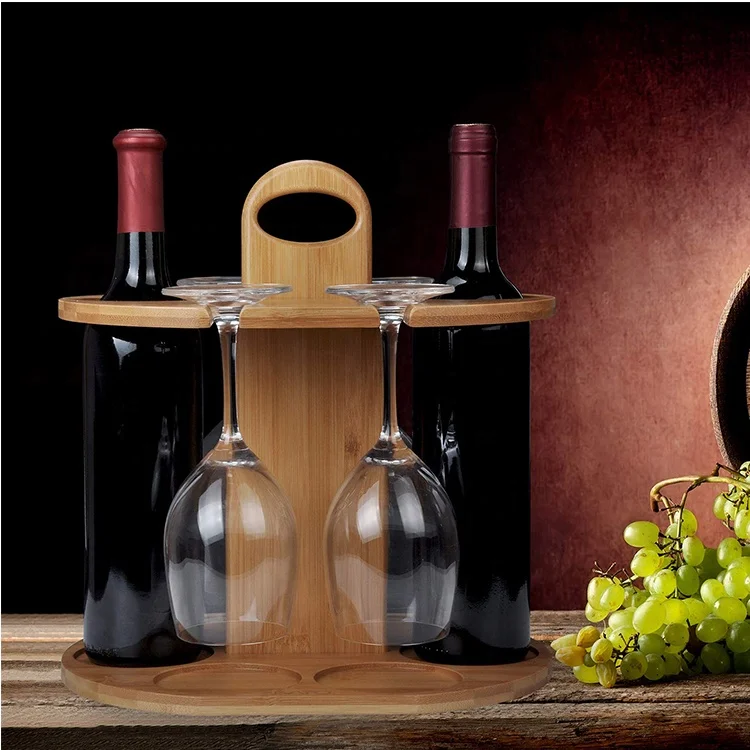 
Wine Bottle Holder Glass Cup Rack With Handle - Wine Organizer Bamboo Stand Countertop Tabletop Display 
