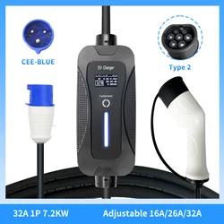 32A 7KW portable ev car charger type 2 and 5m cable with blue CEE 3 pins