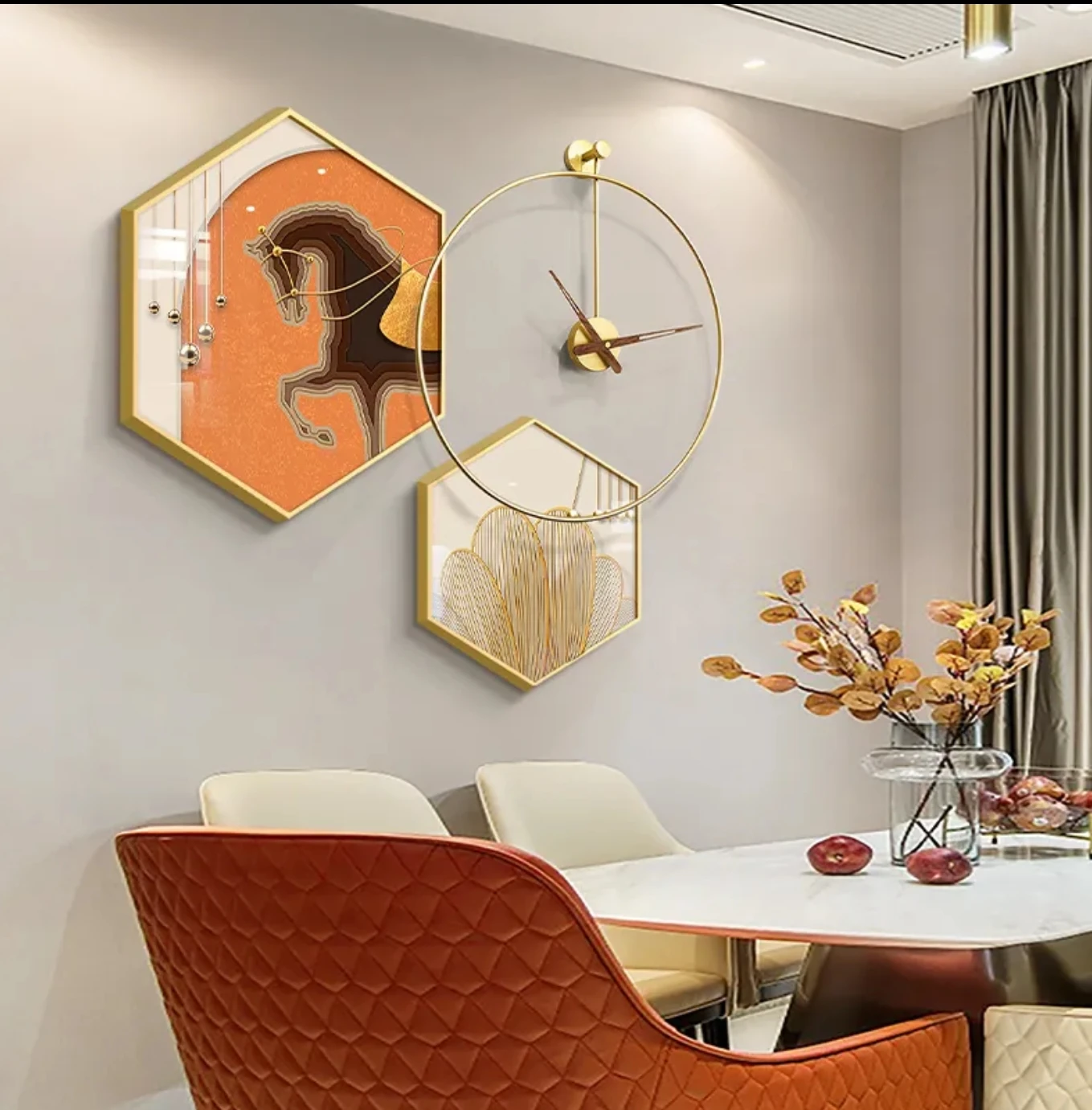 Dining room decorative painting hexagonal combination hanging painting kitchen dining table painting with clock high-grade mural