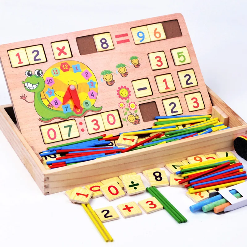 Maths Teaching Box Set Children Wooden Number Counting Math Toy Mathematics Sticker Calculate Educational Game