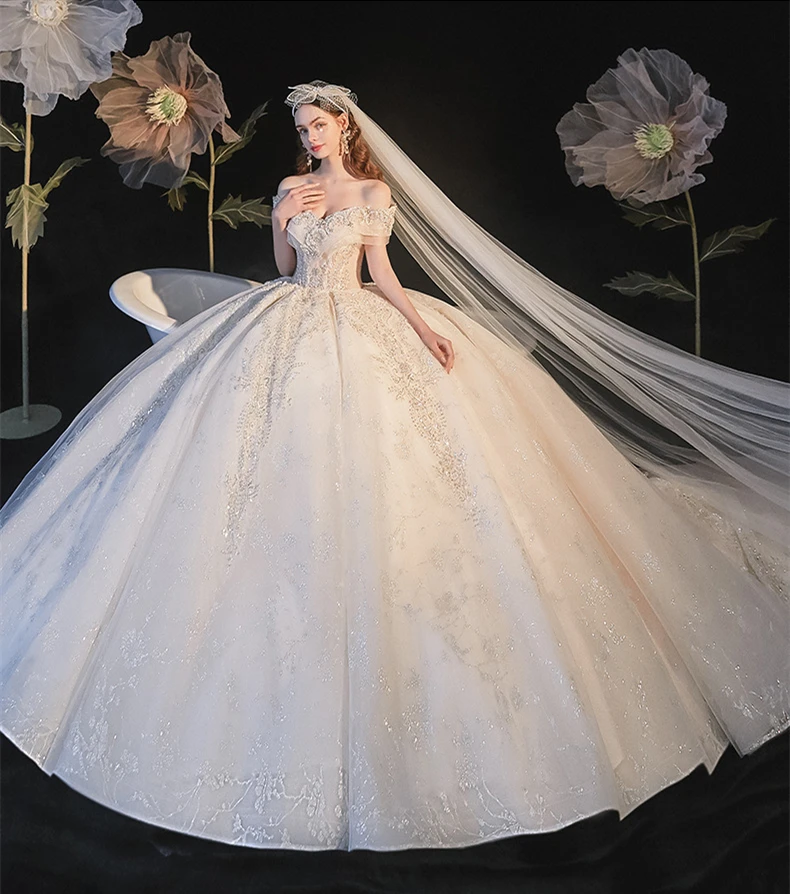 2021 new main wedding dress bride trailing temperament champagne one-shoulder starry princess wedding dress