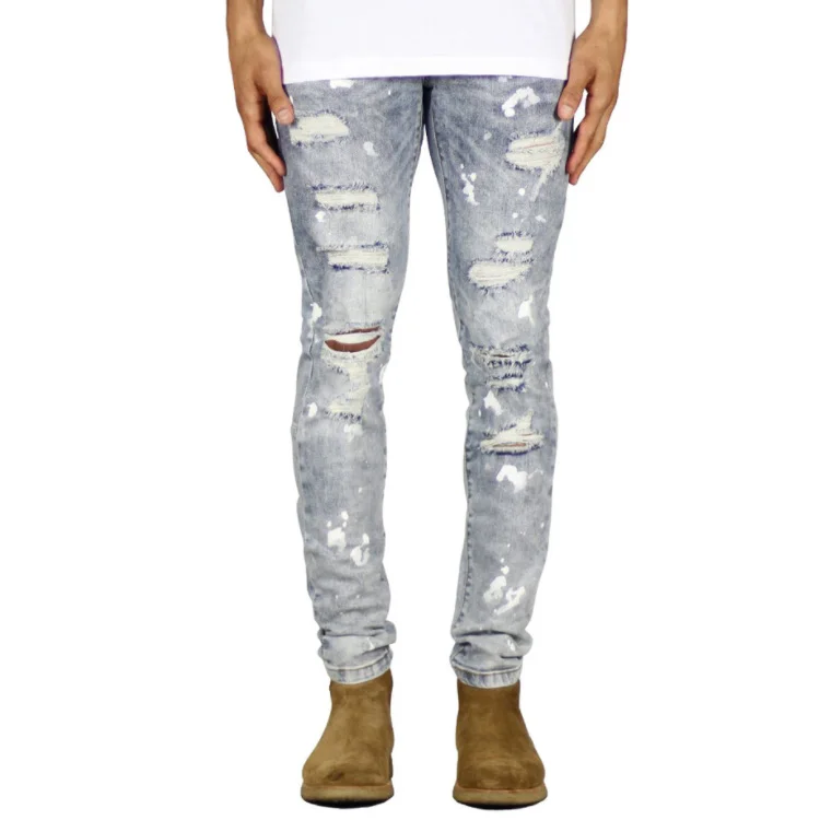 New Men Slim fit Slim pencil pants High elasticity Biker jeans Hole Cat claw destroyed Spray paint Leisure trousers