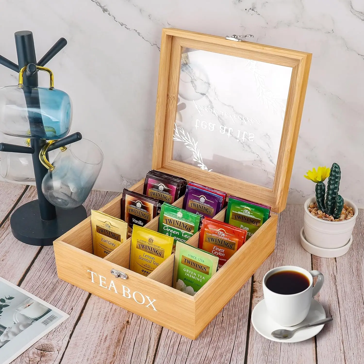 Hot Sale Wooden Tea Storage Box,Wood Tea Bag Organizer with 9 compartment for Tea Bags,Sugar, Coffee Pods