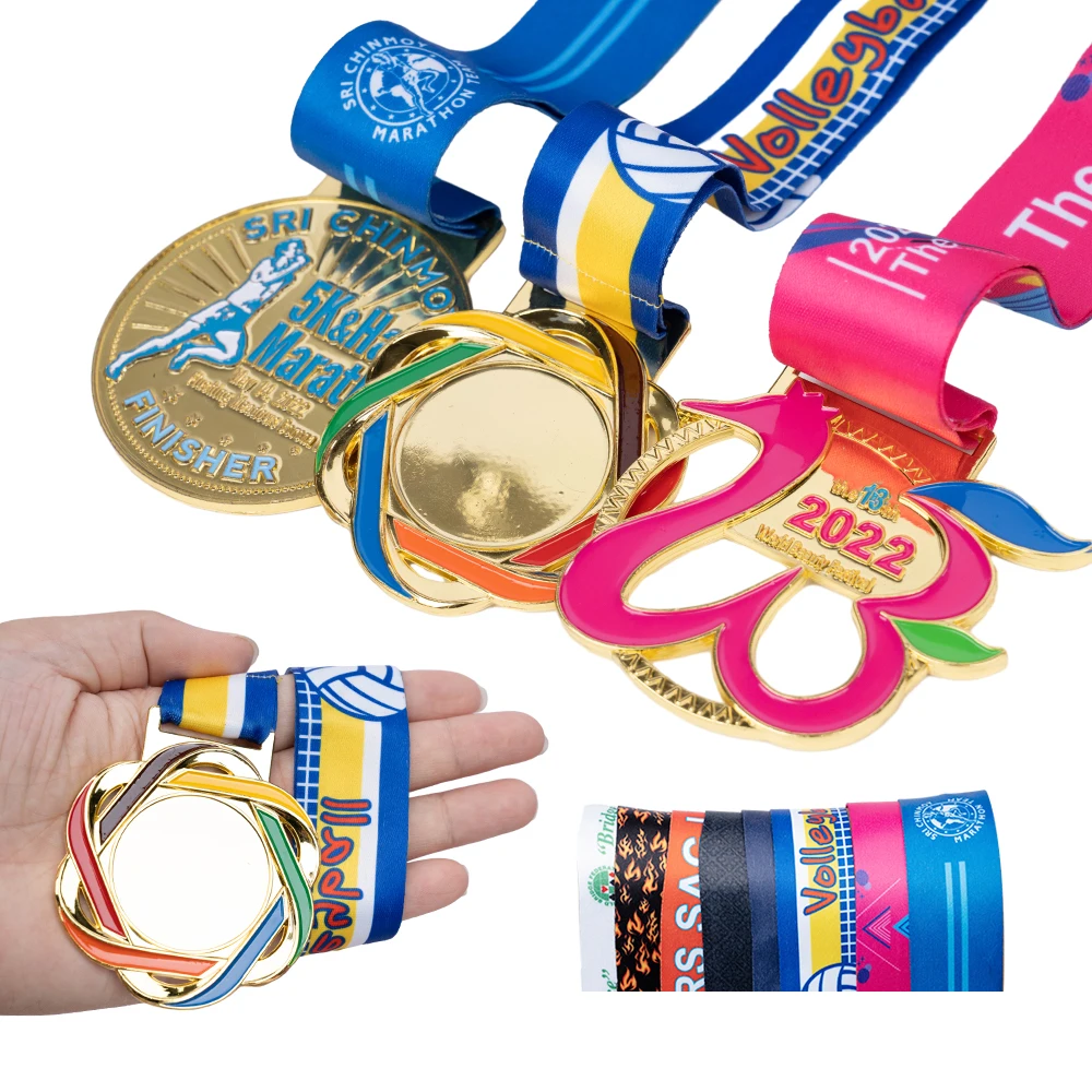 Custom Medallas De Futbol Taekwondo Running Finisher Cycling Brass Silver Swim Soccer Metal Gold Ribbon Sport Blank Trophy Medal